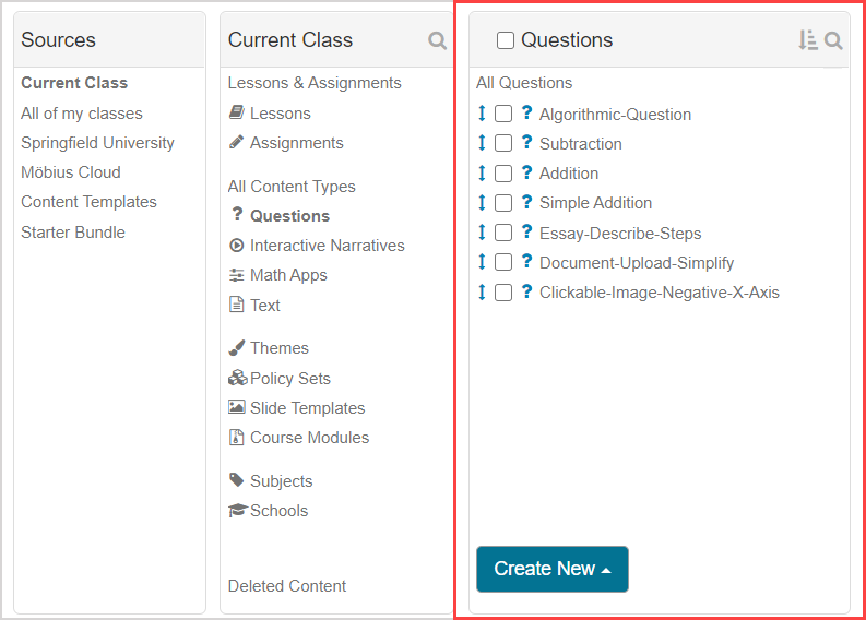 Questions is the fifth option in the Current Class pane.